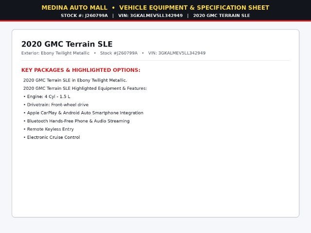 Used 2020 GMC Terrain SLE with VIN 3GKALMEV5LL342949 for sale in Medina, OH