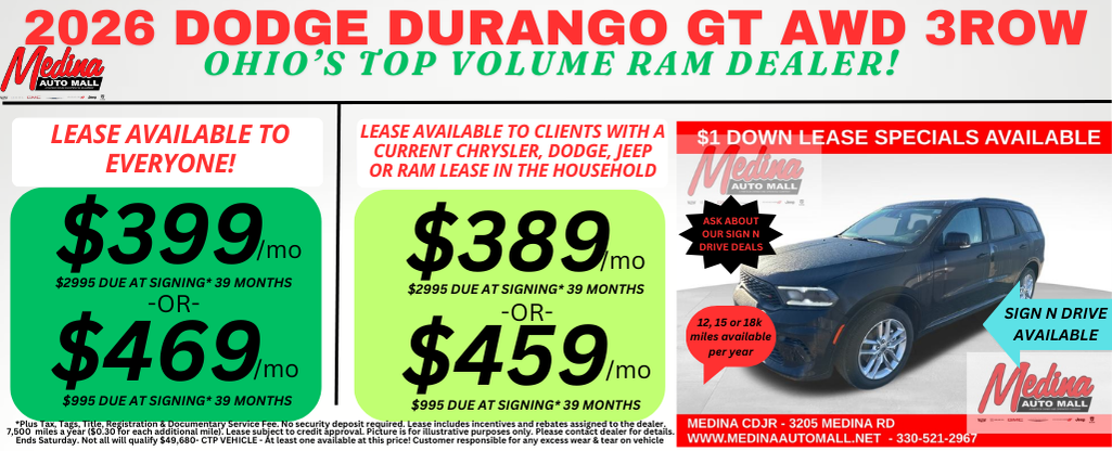 DODGE DURANGO GT AWD LEASE DEALS NEAR AKRON, CLEVELAND AND MEDINA OHIO