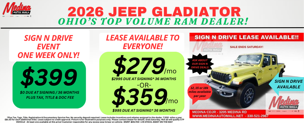JEEP GLADIATOR LEASE SPECIALS! NEAR AKRON, CLEVELAND AND MEDINA OHIO