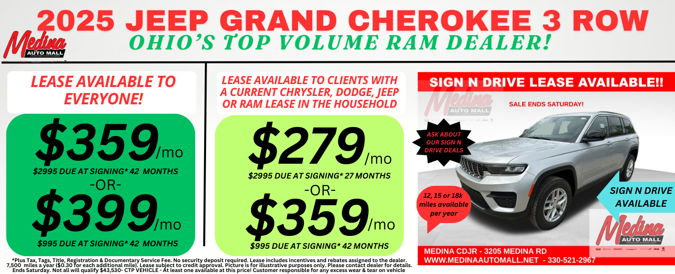 JEEP GRAND CHEROKEE L 3 ROW LEASE SPECIALS! NEAR AKRON, CLEVELAND & MEDINA