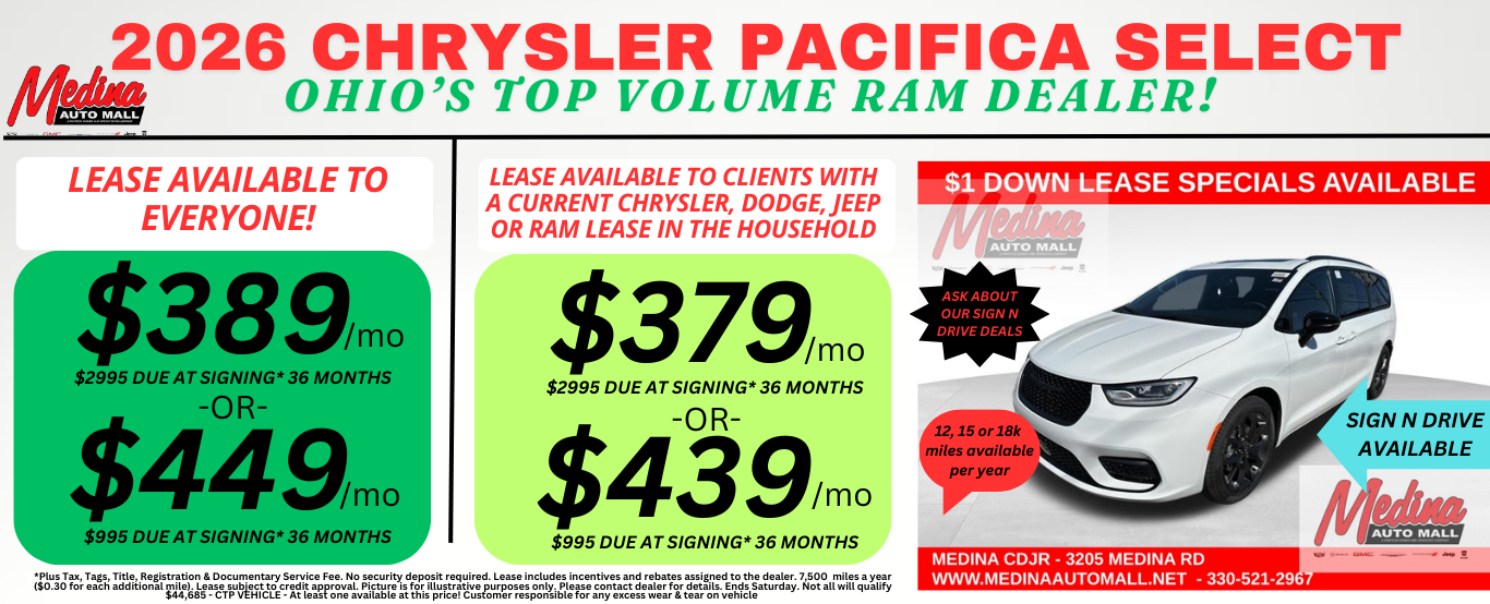CHRYSLER PACIFICA LEASE DEALS! NEAR AKRON, CLEVELAND AND MEDINA OHIO