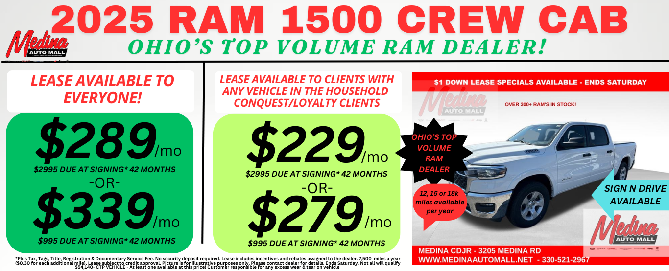 RAM 1500 CREW CAB LEASE SPECIALS! NEAR AKRON, CLEVELAND AND MEDINA OHIO