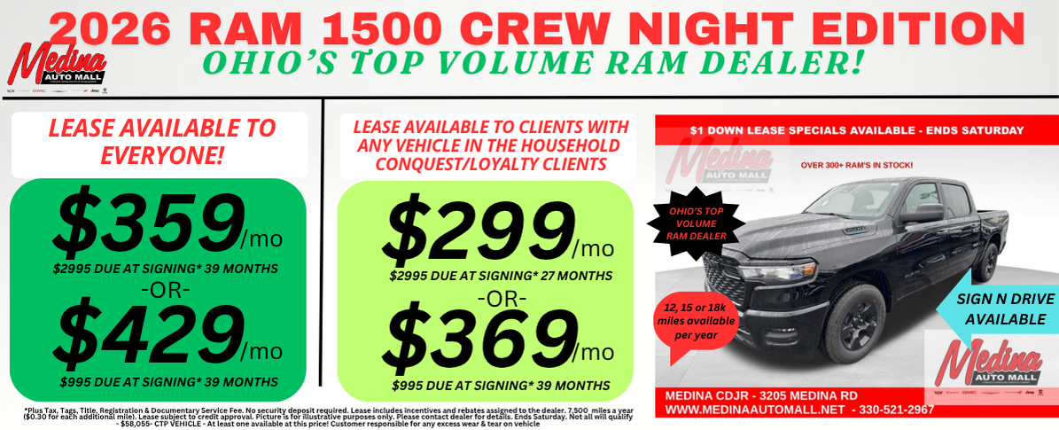 RAM 1500 NIGHT EDITION LEASE SPECIALS! NEAR AKRON, CLEVELAND & MEDINA OHIO