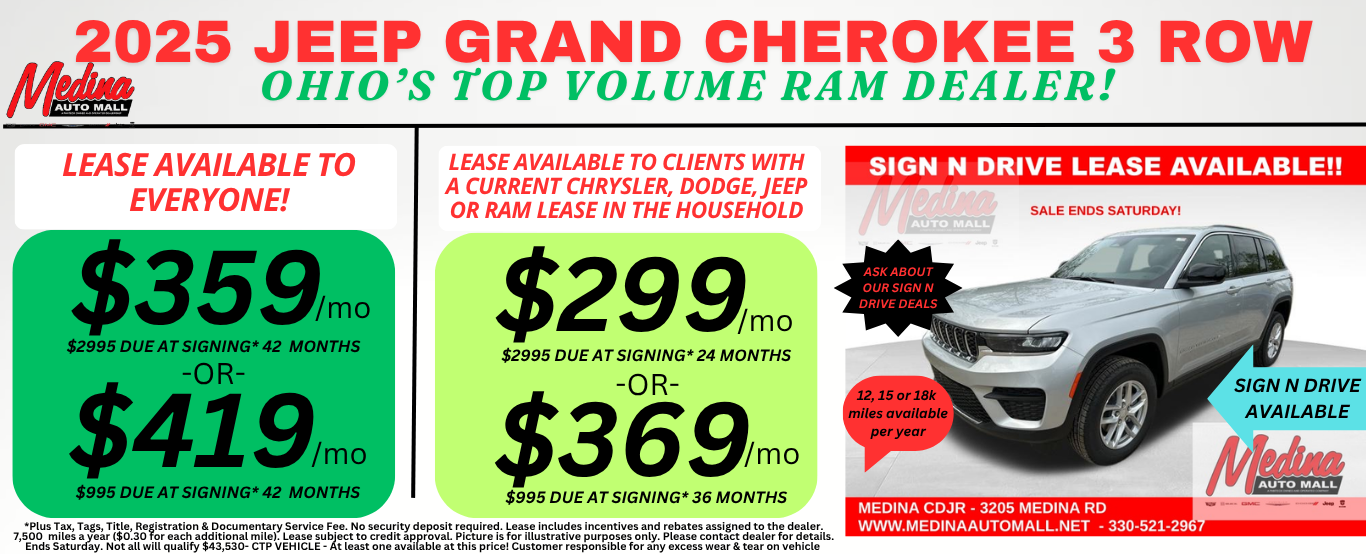 JEEP GRAND CHEROKEE L 3 ROW LEASE SPECIALS! NEAR AKRON, CLEVELAND & MEDINA