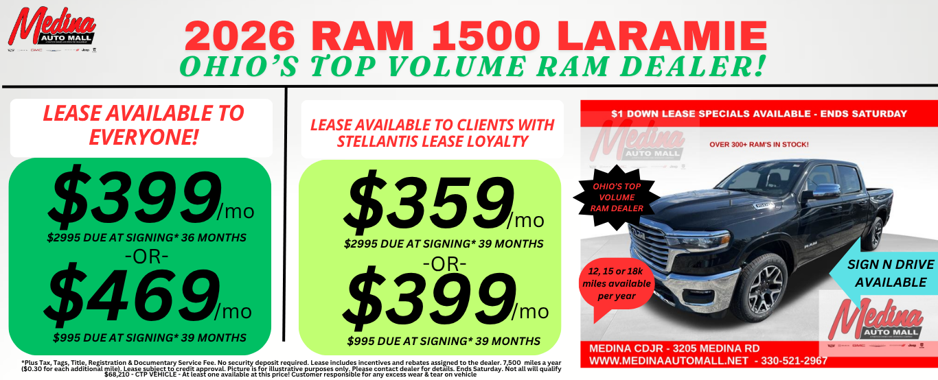 RAM 1500 LARAMIE LEASE SPECIALS! NEAR AKRON, CLEVELAND AND MEDINA OHIO