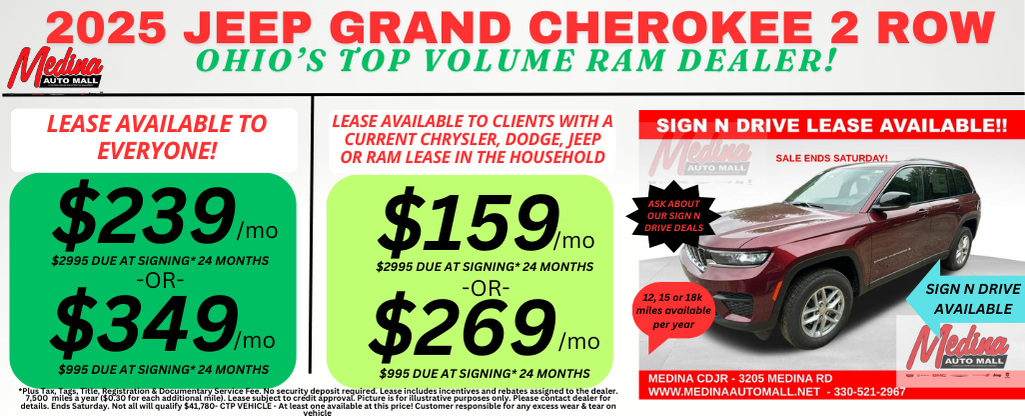 JEEP GRAND CHEROKEE 2 Row LEASE SPECIALS! NEAR AKRON, CLEVELAND AND MEDINA