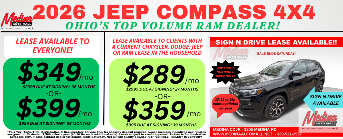 JEEP COMPASS LEASE SPECIALS NEAR AKRON, CLEVELAND AND MEDINA OHIO
