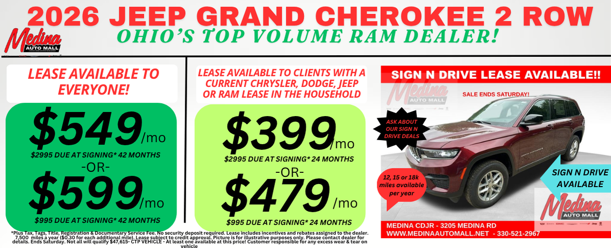 JEEP GRAND CHEROKEE 2 Row LEASE SPECIALS! NEAR AKRON, CLEVELAND AND MEDINA