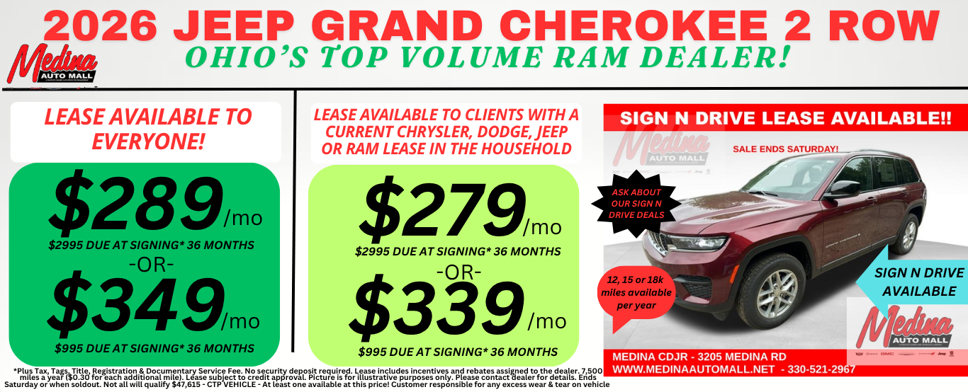 JEEP GRAND CHEROKEE 2 Row LEASE SPECIALS! NEAR AKRON, CLEVELAND AND MEDINA