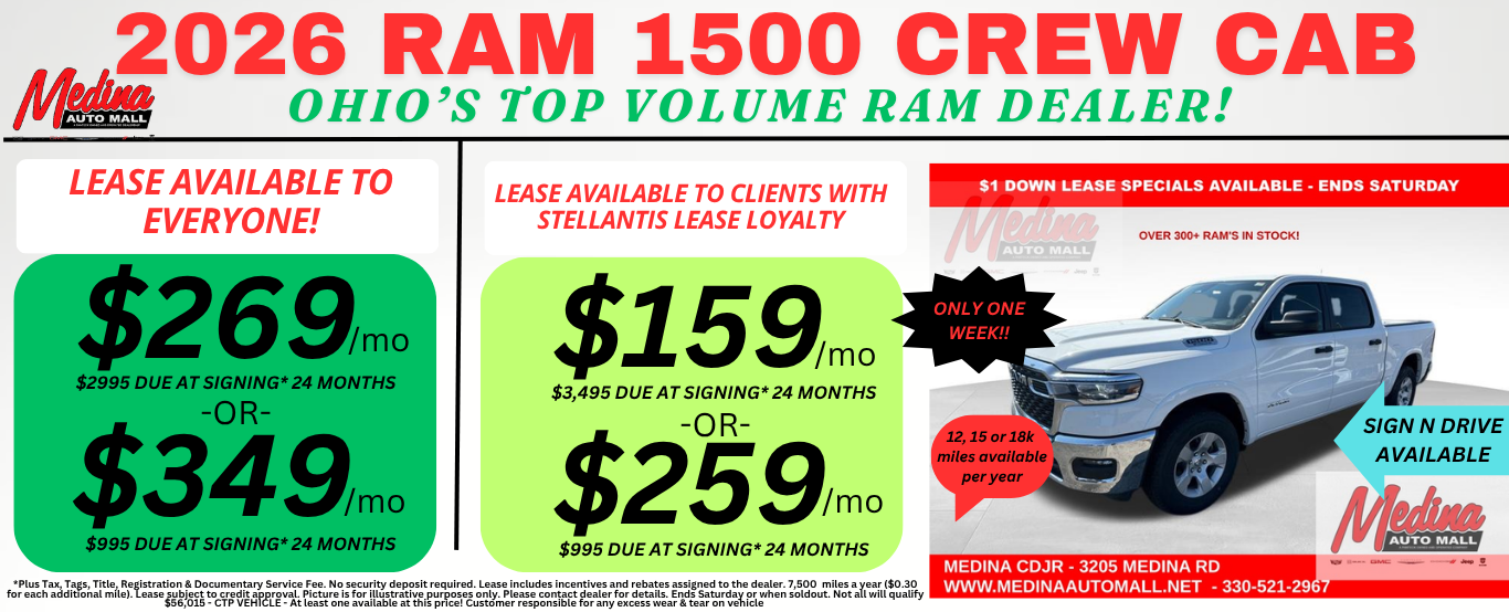 RAM 1500 CREW CAB LEASE SPECIALS! NEAR AKRON, CLEVELAND AND MEDINA OHIO