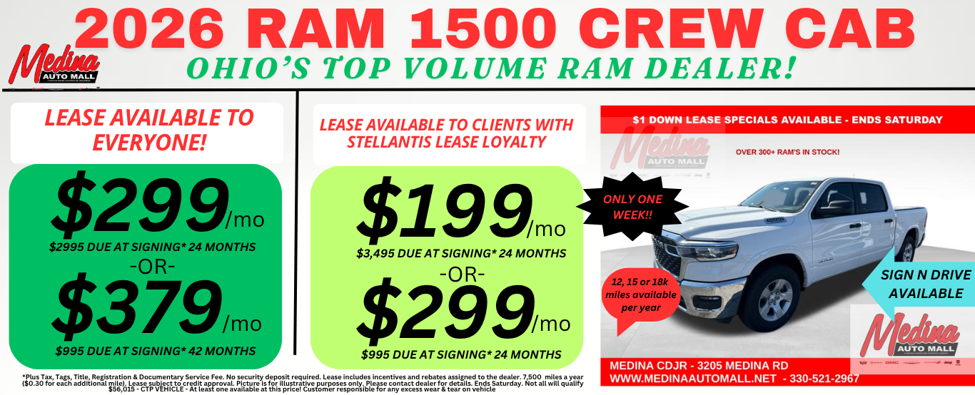 RAM 1500 CREW CAB LEASE SPECIALS! NEAR AKRON, CLEVELAND AND MEDINA OHIO